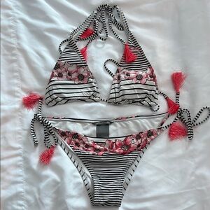 Striped Floral Bikini with Red Accents